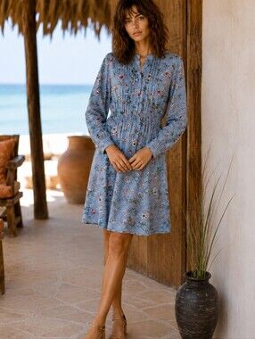 Nanette Lepore | Blue Floral Pin Pleat Dress Side Zip Romantic Vintage-Inspired
